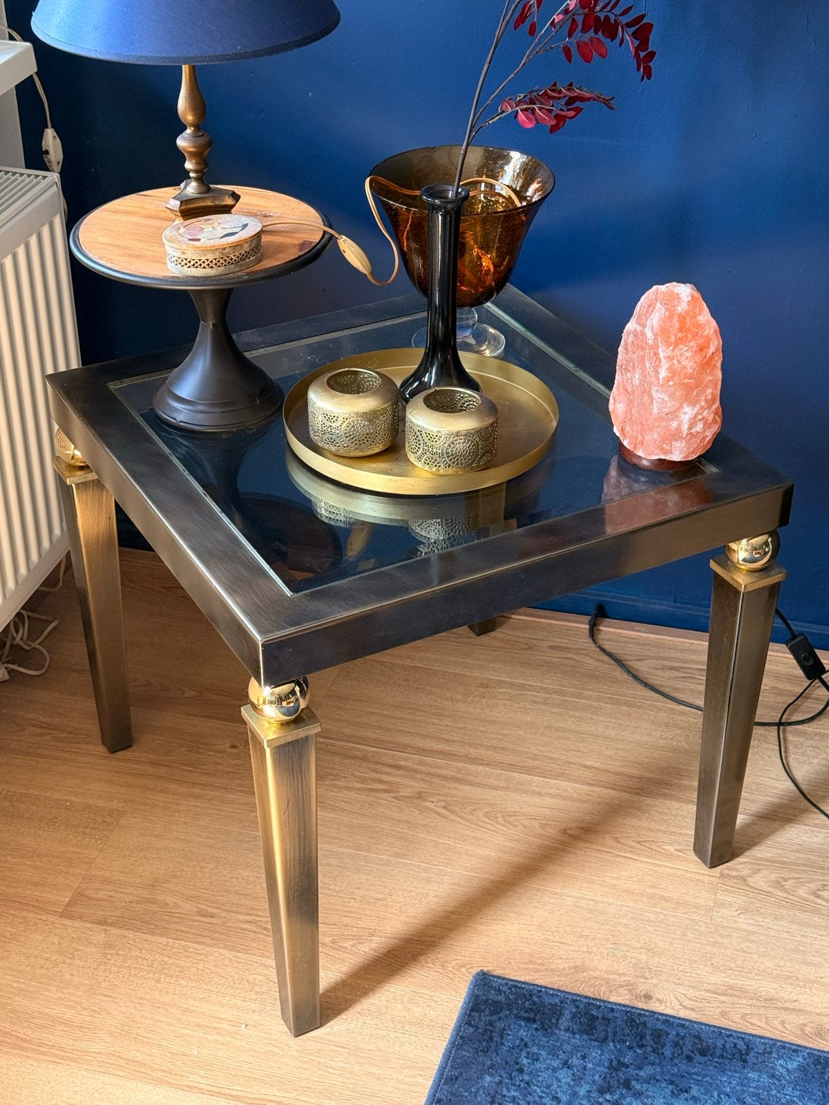 Belgochrom vintage hollywood regency bijzettafel, Gebruikt, Metaal of Aluminium, Vierkant, 55 tot 75 cm