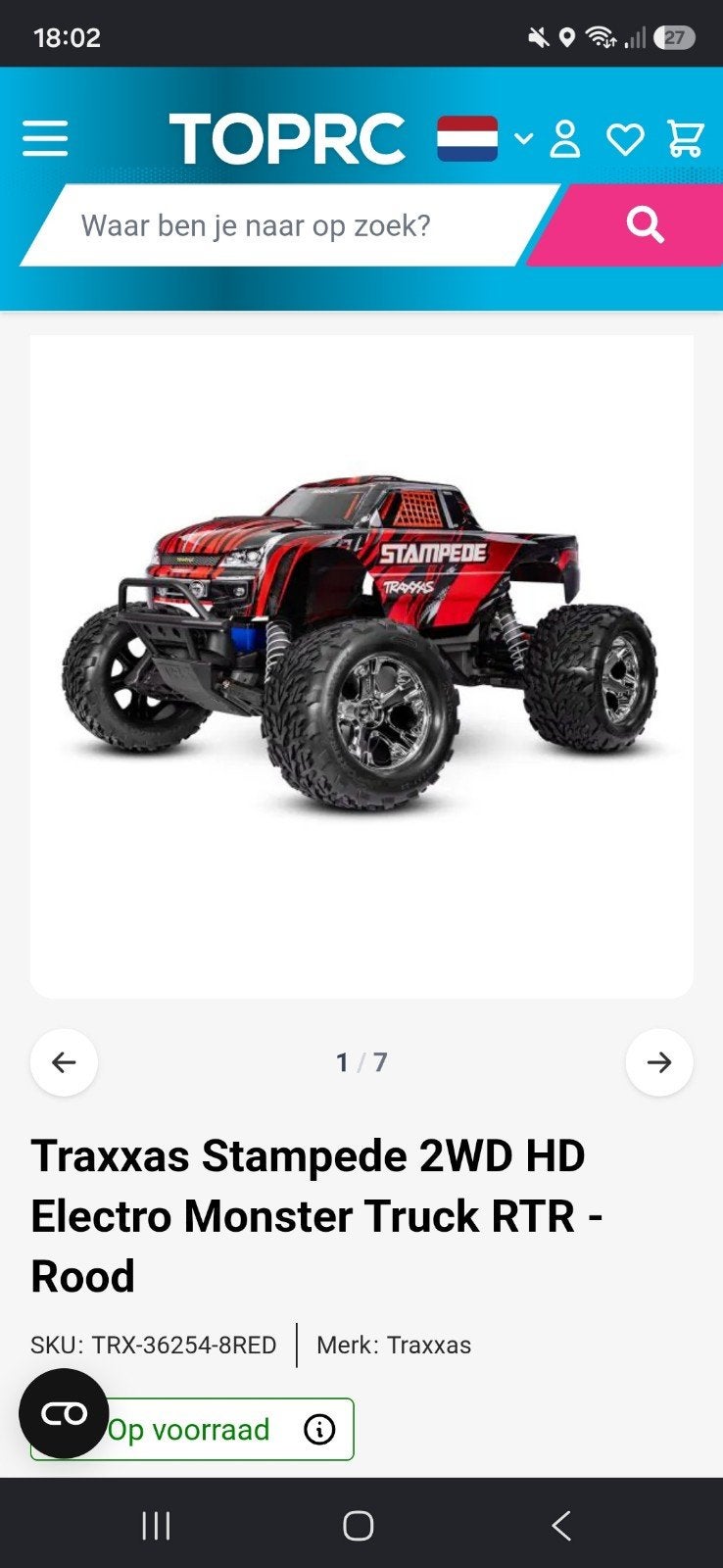 Traxxas Stampede 2WD HD Electro Monster Truck RTR - Rood, Overige merken, Groter dan 1:32, Ophalen of Verzenden, Zo goed als nieuw