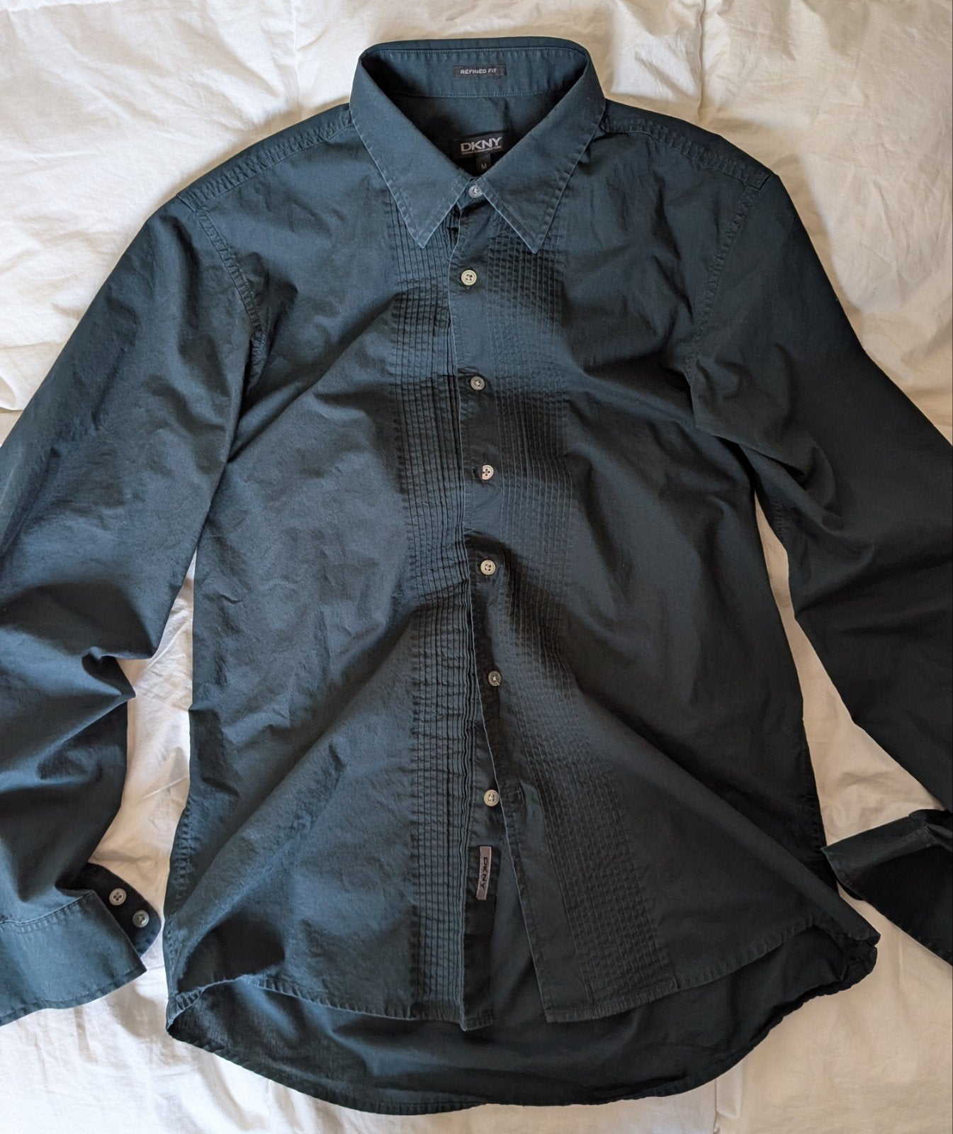 DKNY Vintage Plissé Overhemd - Jaren '90/00 Minimalistisch, DKNY, Gedragen, Groen, Halswijdte 39/40 (M)