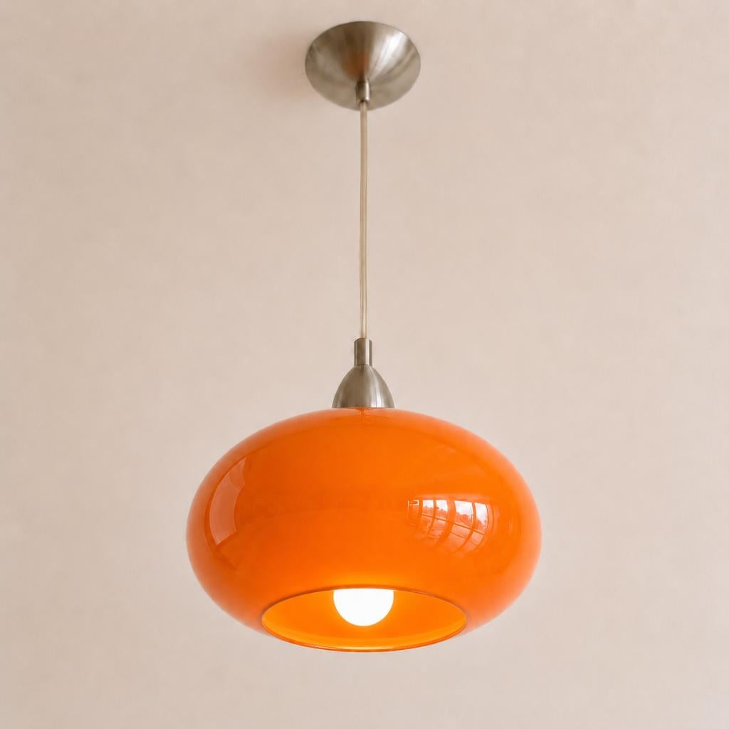 Vintage Space Age Hanglamp Oranje – Jaren 70 UFO Design, Huis en Inrichting, Lampen | Hanglampen, Gebruikt, Glas, Ophalen of Verzenden