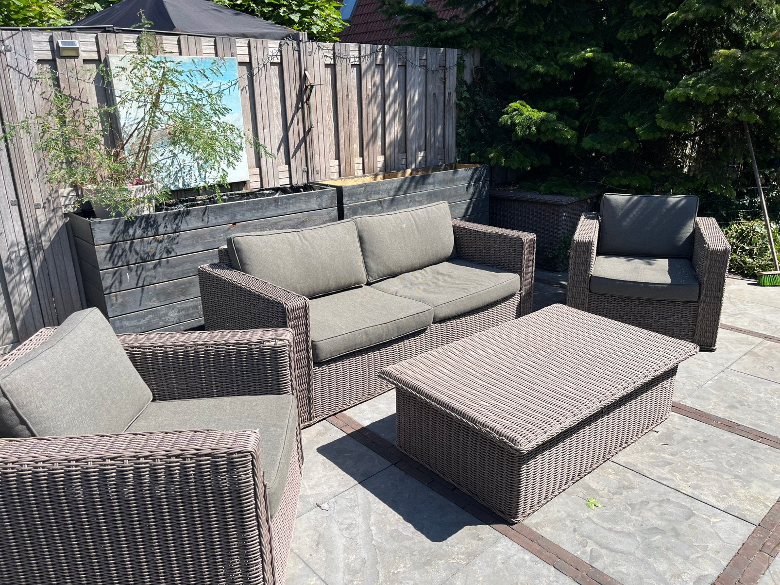 Loungeset bank en 2 stoelen, Tuin en Terras, Tuinsets en Loungesets, Ophalen, 5 zitplaatsen, Kunststof, Gebruikt