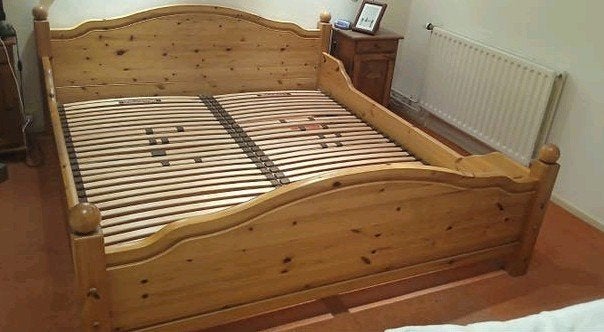 2-persoons Scandinavisch grenen bed 180x210 met lattenbodem, Ophalen, Gebruikt, Bruin, 210 cm