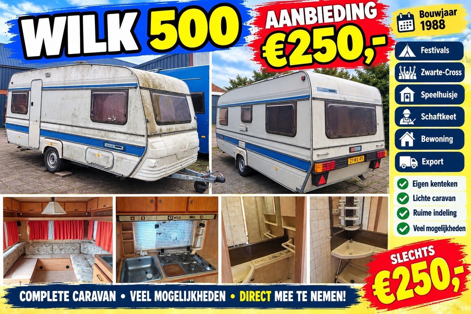 Diversen caravan koopjes Opruiming wees snel bij WEG=WEG, Overige merken, Openslaande ramen, Rondzit, Bedrijf