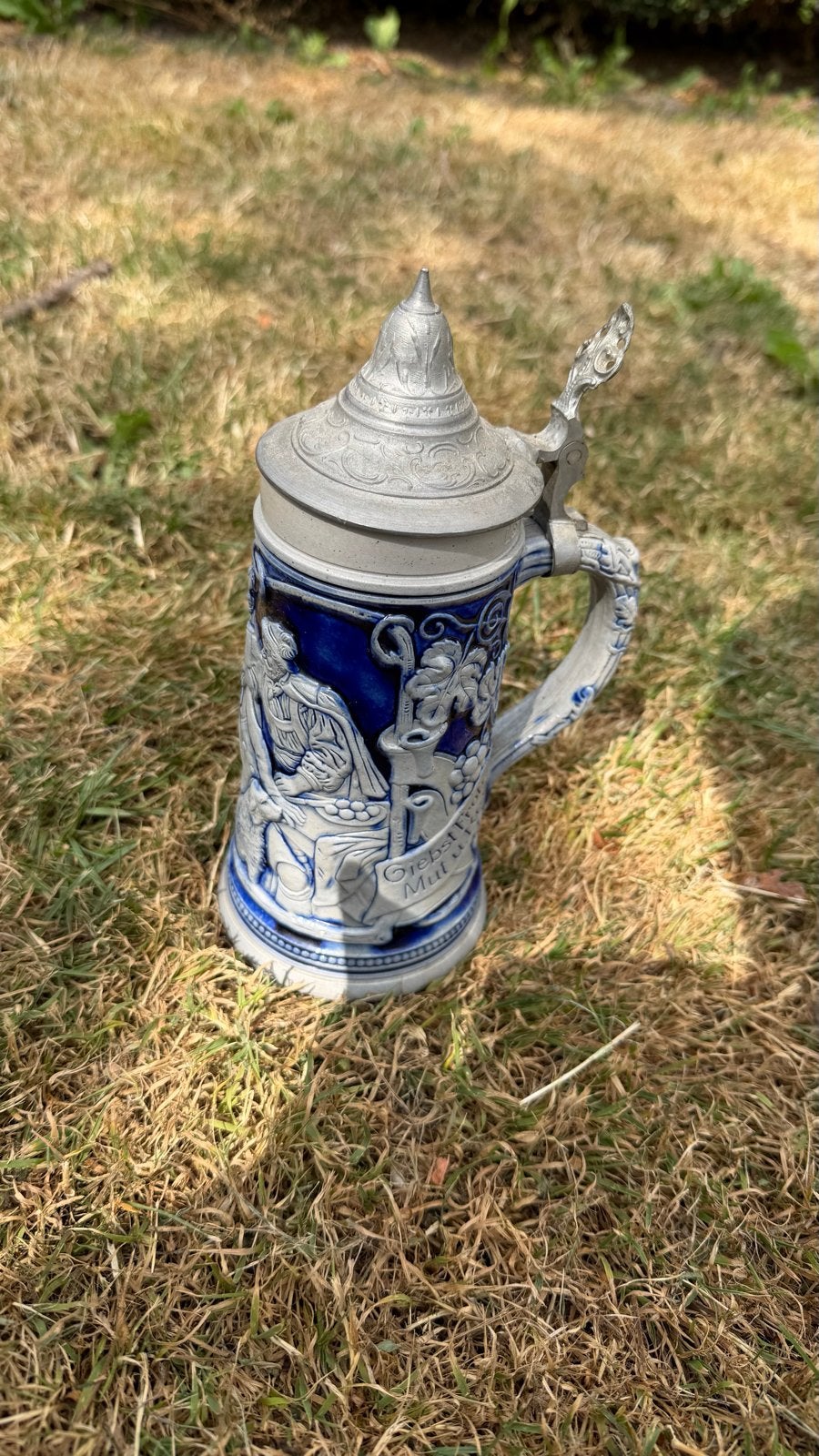 Vintage Duitse Bierpul met Tin Deksel - Blauw/Wit, Antiek en Kunst, Antiek | Keramiek en Aardewerk, Ophalen of Verzenden