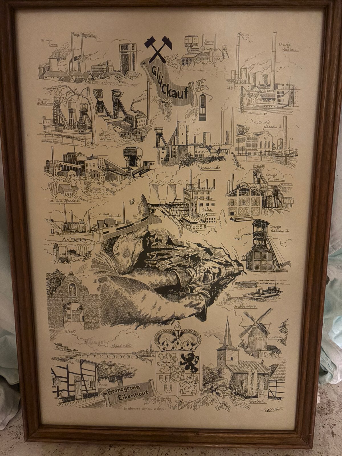 Pentekening kolenmijnen limburg nl, Ophalen, Tekening, Achter glas