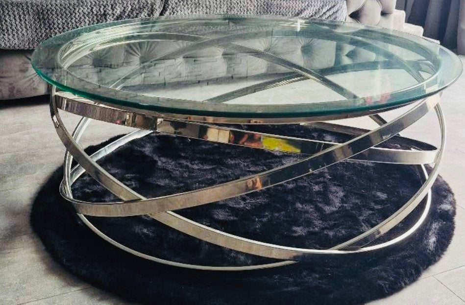 Design chroom glazen gehard glas salontafel en eettafel, Huis en Inrichting, Ophalen, 100 tot 150 cm, Rond, 50 tot 100 cm