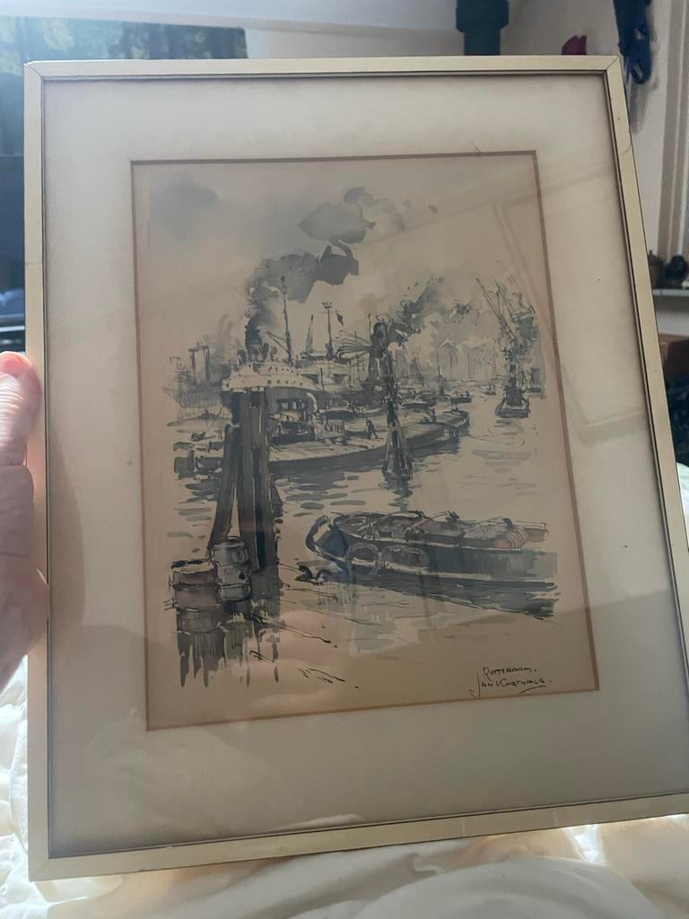 Rotterdamse haven aquarel door Jan Korthals, Ophalen of Verzenden