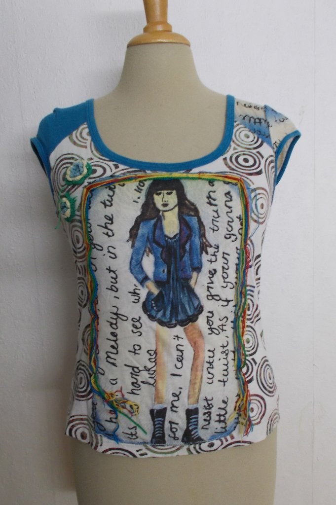 Grappige aparte print top! S/M, Zo goed als nieuw, Korte mouw, Maat 36 (S), Meerkleurig