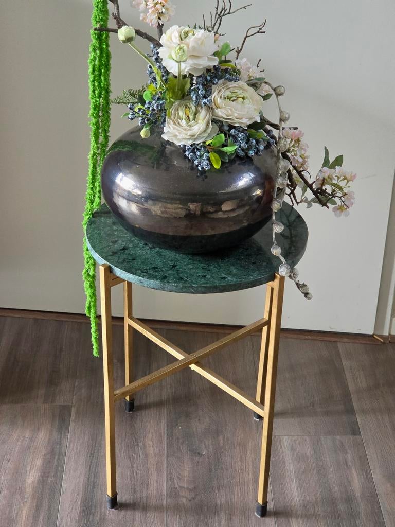 Marmeren bijzettafel  groen, Huis en Inrichting, Tafels | Bijzettafels, Ophalen of Verzenden, Rond, Minder dan 55 cm, 45 tot 60 cm