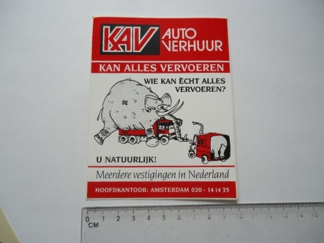 sticker oud KAV Autoverhuur auto strip olifant mokum retro, Verzenden, Zo goed als nieuw, Bedrijf of Vereniging