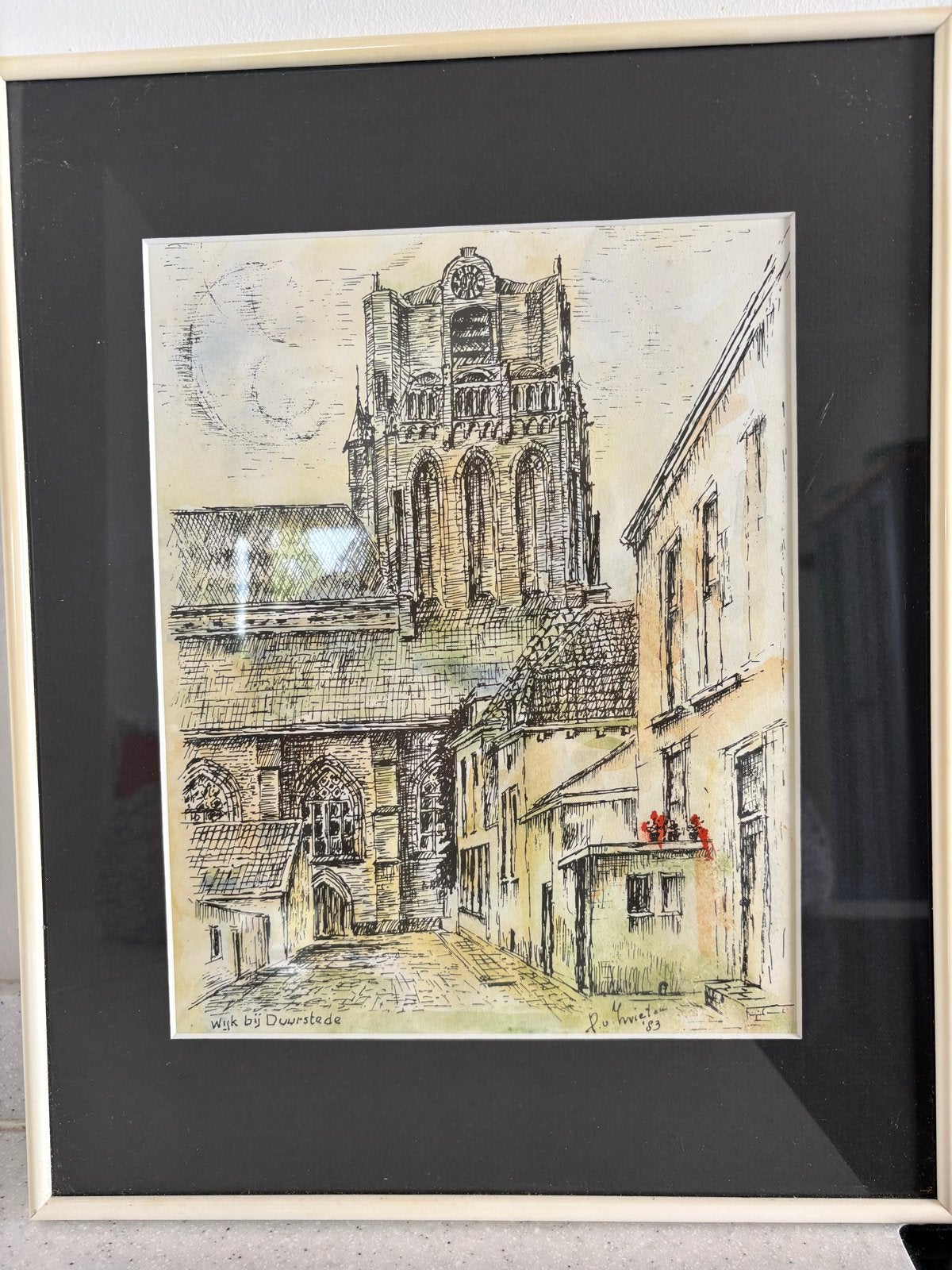 Pentekening Wijk bij Duurstede met Grote Kerk, gesigneerd, Ophalen of Verzenden, Tekening, Pentekening, Gesigneerd