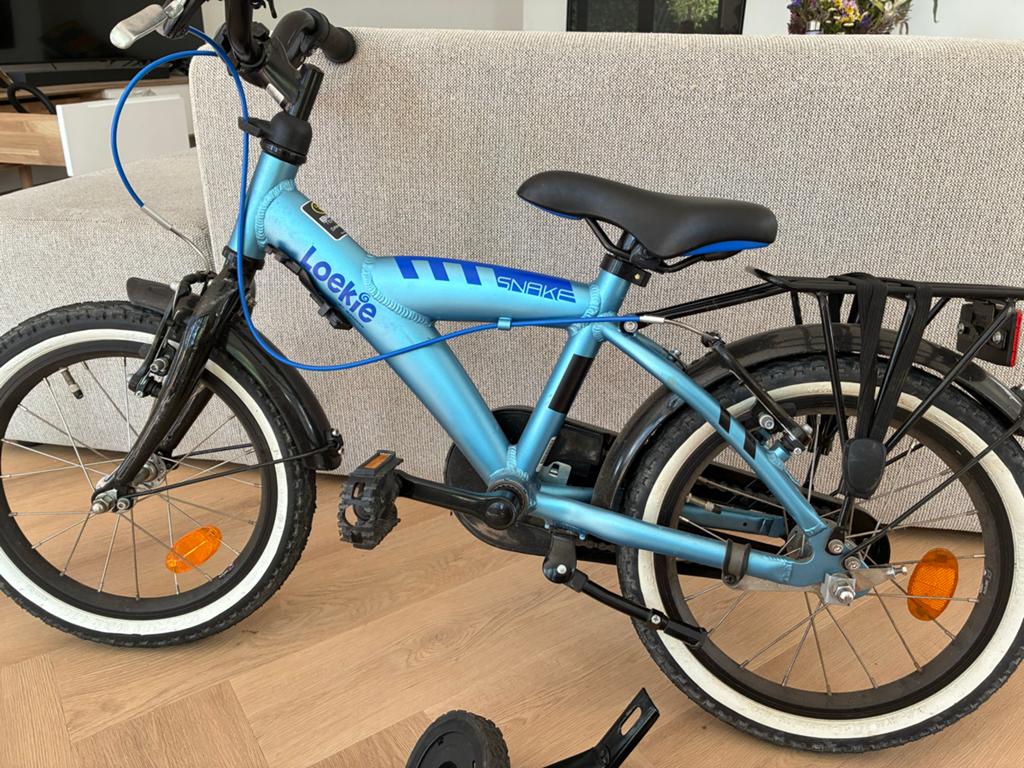 Loekie Snake Kinderfiets 16 inch met zijwieltjes, Ophalen, Terugtraprem, Zijwieltjes, 16 tot 20 inch