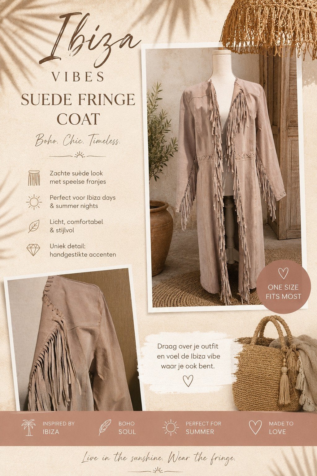 Ibiza Vibes Suede Fringe Coat - Boho Chic, Maat 38/40 (M), Beige, Ophalen of Verzenden, Zo goed als nieuw