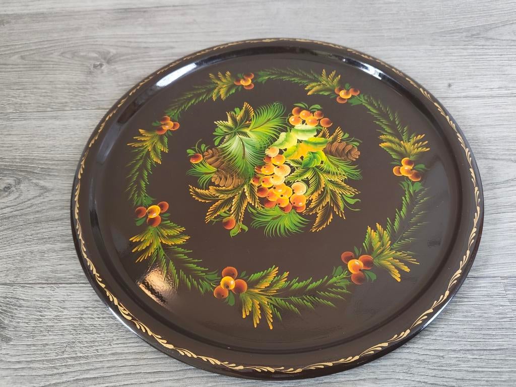 Zhostovo metalen dienblad met bloemen, Ophalen of Verzenden, Gebruikt, Rond, Metaal