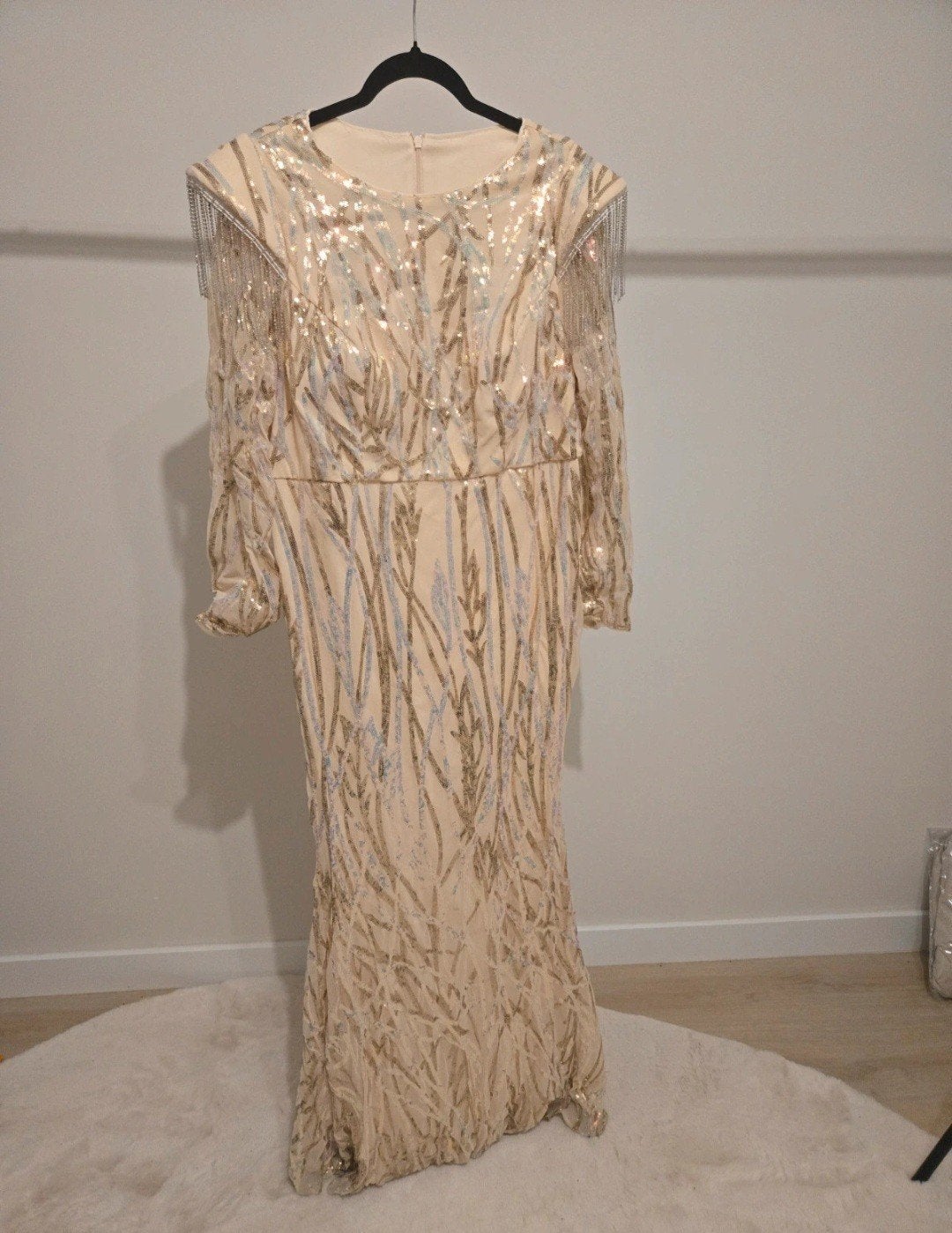 Lange Feestjurk met Goud/Zilver Pailletten & Franjes, Kleding | Dames, Galajurk, Meerkleurig, Maat 46/48 (XL) of groter, Ophalen of Verzenden