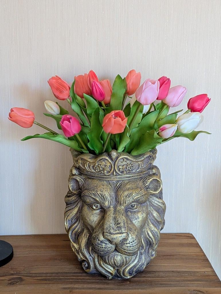 Leeuwenkop vaas vol met tulpen, Huis en Inrichting, Ophalen, Nieuw