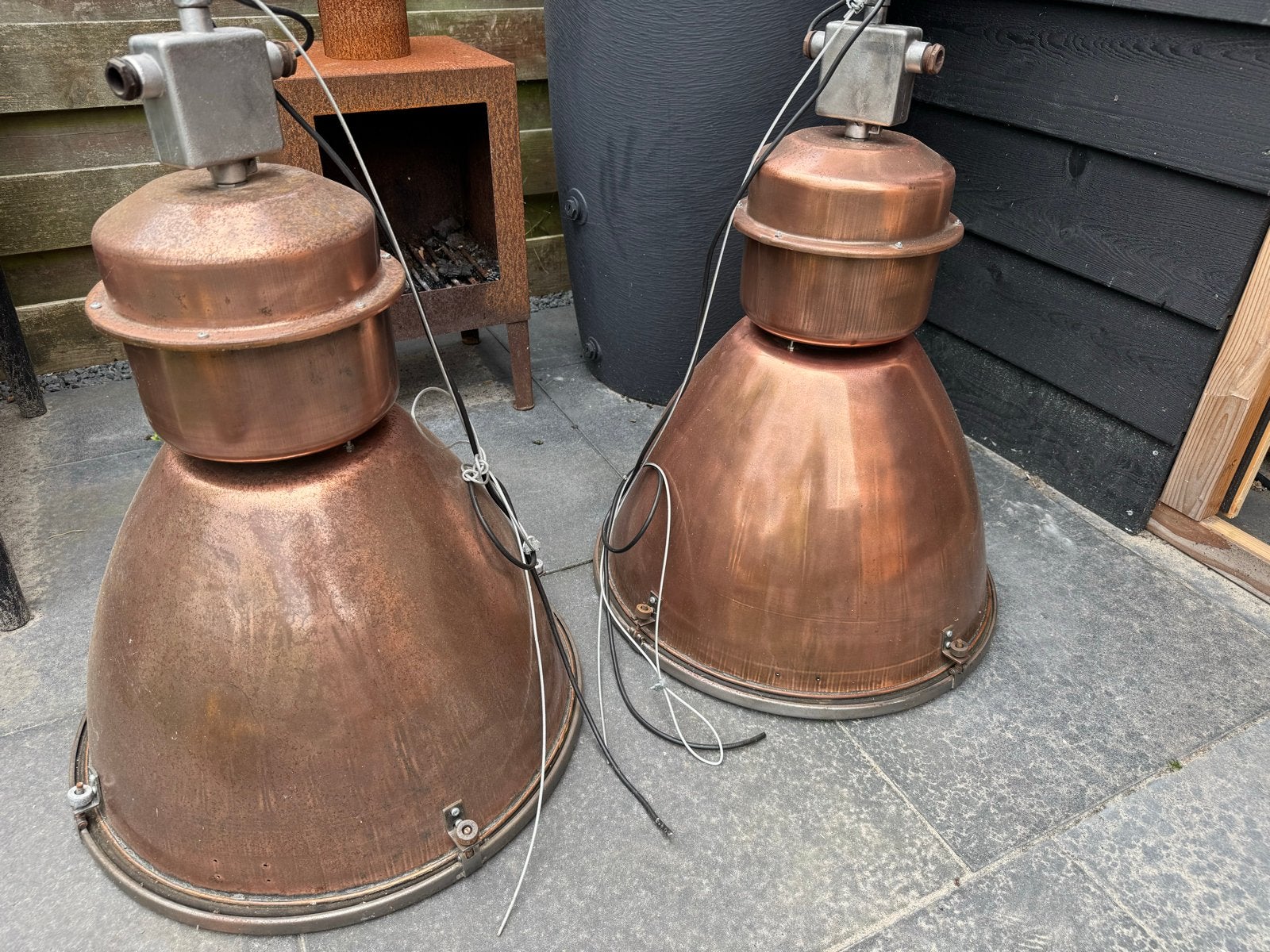 Koperen industriële hanglampen, omgebouwd naar 220V, Ophalen