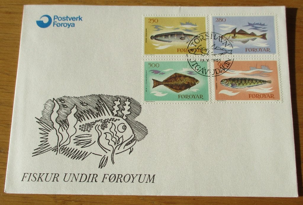 Faeroer eilanden, FDC serie Vissen, 1983, Verzenden, Gestempeld, Dier of Natuur