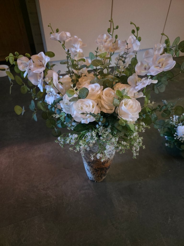 Witte kunstbloemen boeket + vaas, Ophalen, Binnen, 55 cm, Kunststof