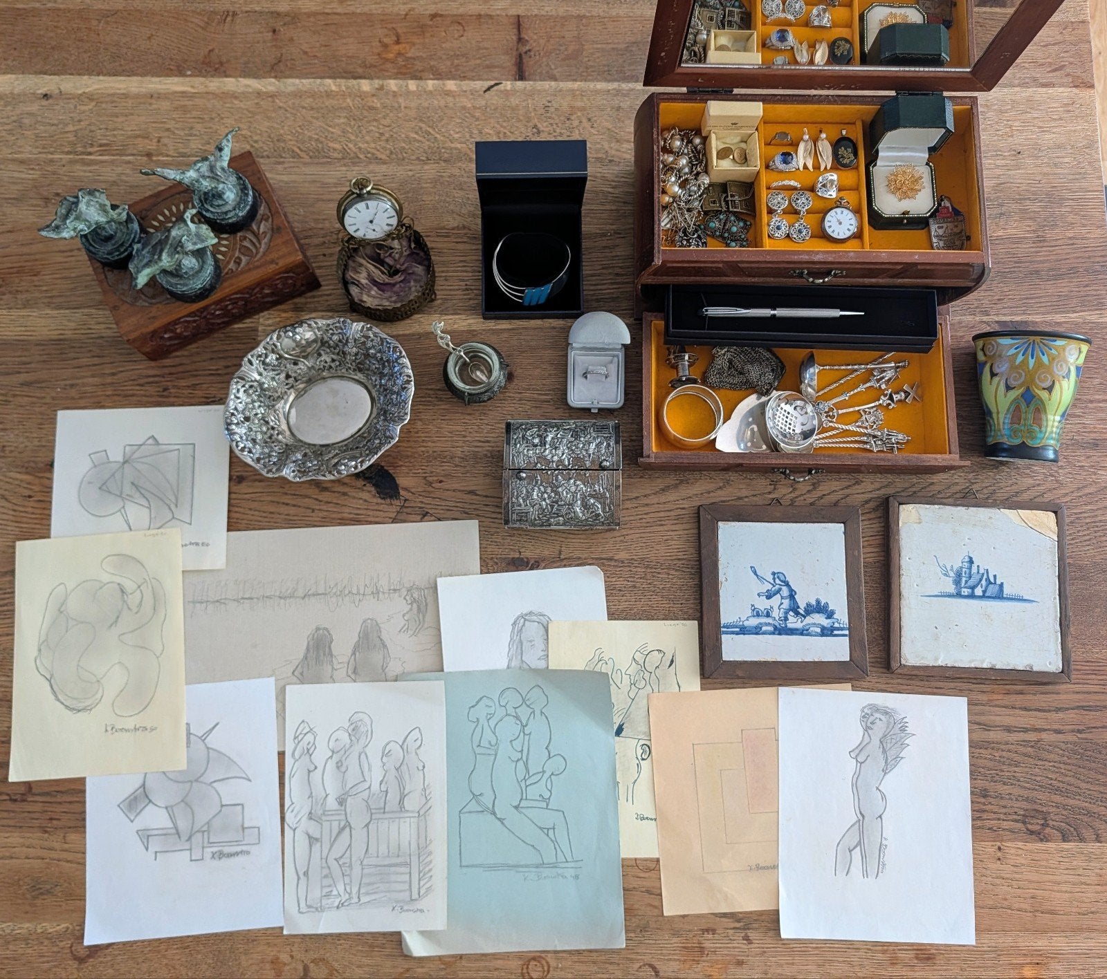 Verzameling met antieke sieraden en zilver uit erfenis, Antiek en Kunst, Ophalen of Verzenden, Zilver