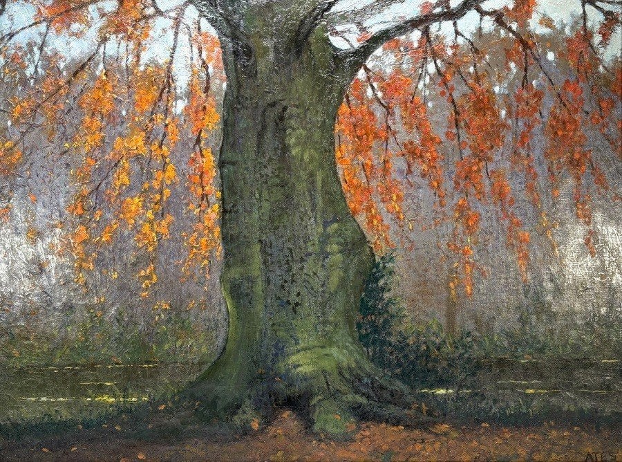 680. Schilderij, Ates – Herfstlandschap met boom, ca. 1930, Doek, Impressionistisch, Landschap, Olieverf
