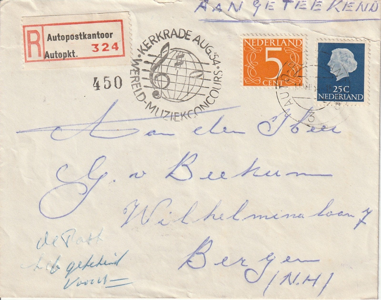 Envelop 1954 wereld muziekconcours Kerkrade, Ophalen of Verzenden, Envelop