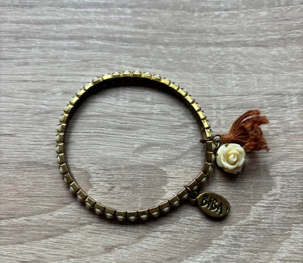 BIBA armband goud wit steentjes en roos, Ophalen of Verzenden, Zo goed als nieuw, Overige kleuren