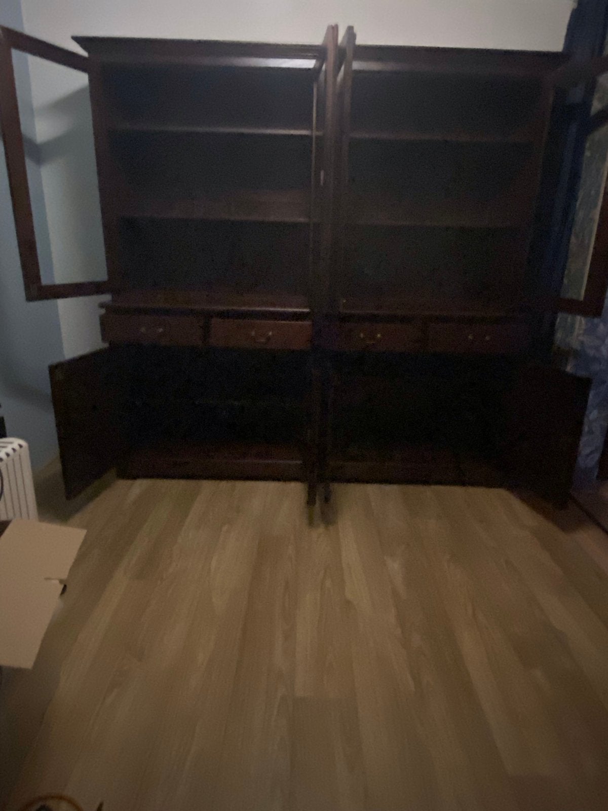 Grote teak houten vitrinekast met 4 lades en deuren, Ophalen, Gebruikt, Met deur(en), 200 cm of meer