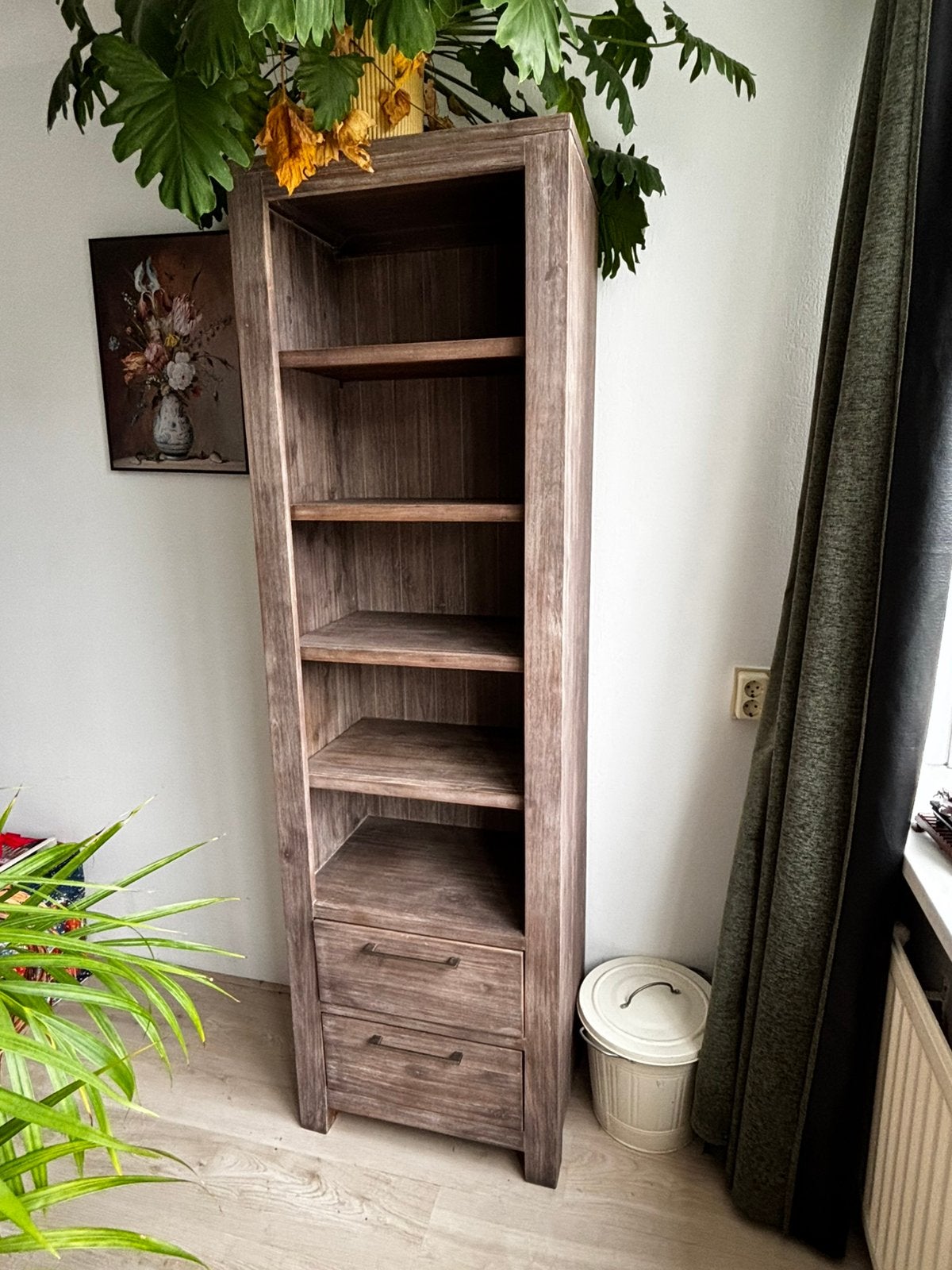 Donkere boekenkast met 2 lades, Huis en Inrichting, Kasten | Boekenkasten, Ophalen, Met plank(en), 200 cm of meer, 50 tot 100 cm