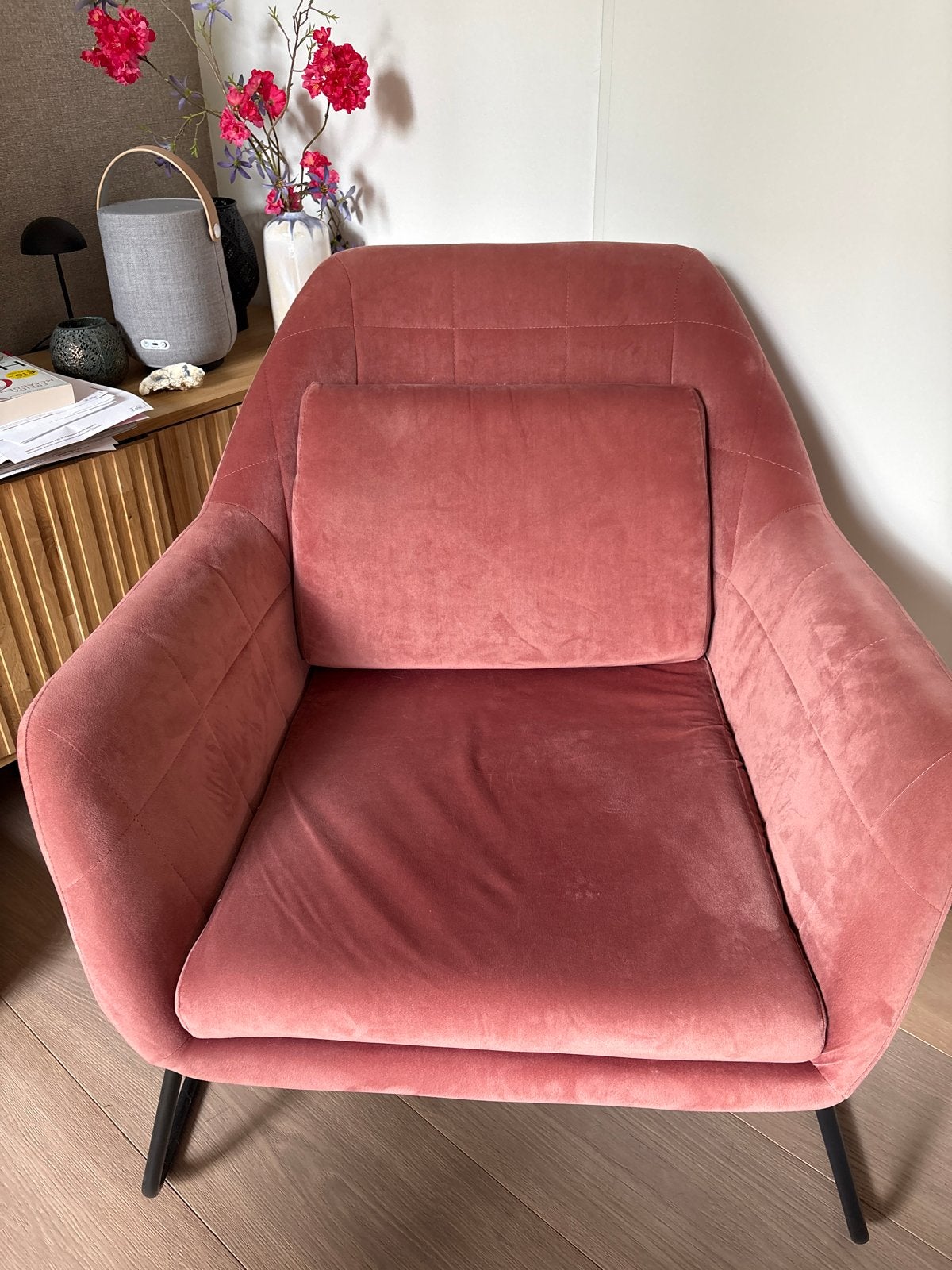 Roze fluwelen fauteuil, Ophalen, Gebruikt, 75 tot 100 cm, Stof