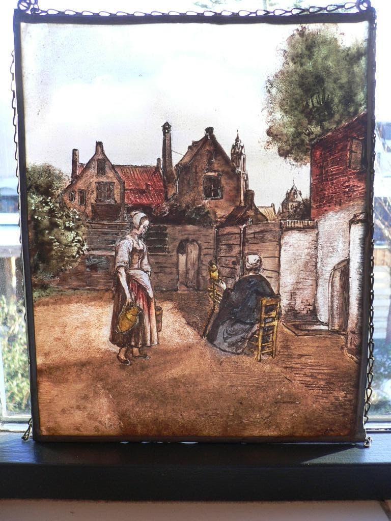 Achterglasschilderij oud-hollands tafereel, Antiek en Kunst, Ophalen of Verzenden