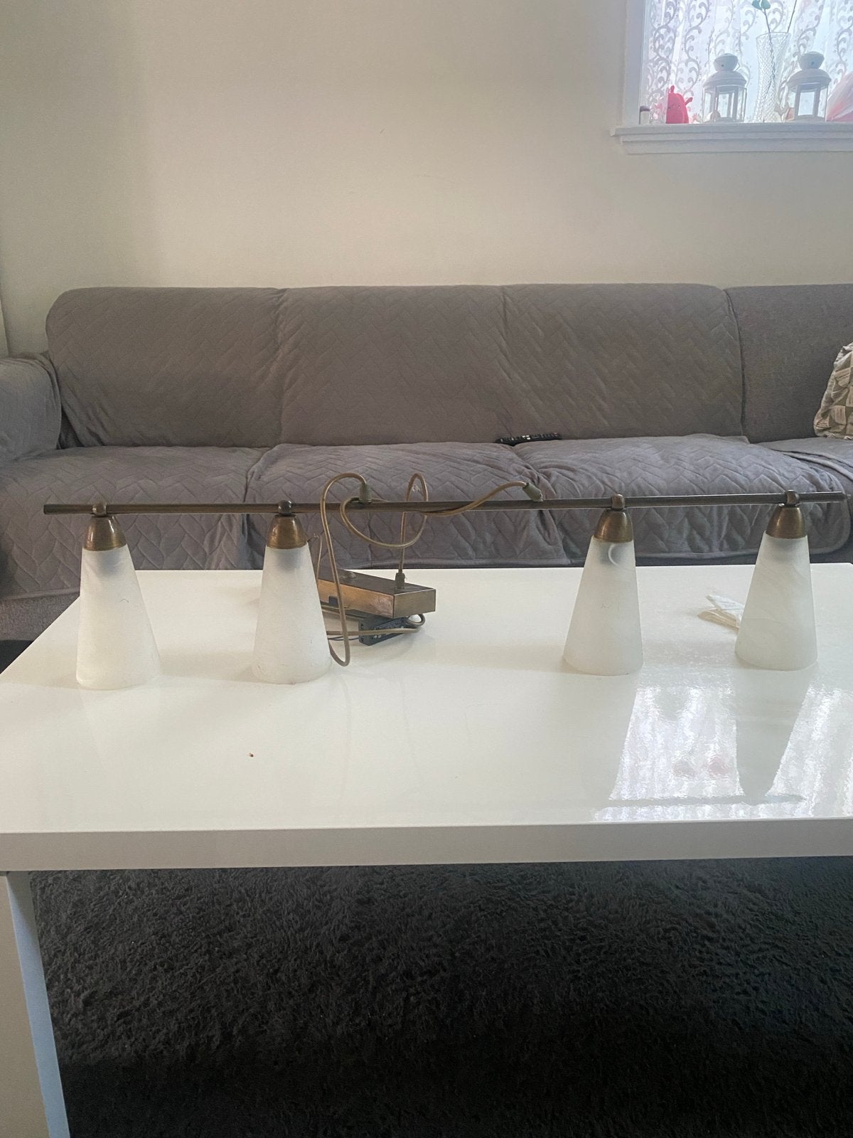 Vintage eettafel lamp met 4 glazen kappen, Ophalen of Verzenden, Gebruikt, Metaal, E14 (klein)