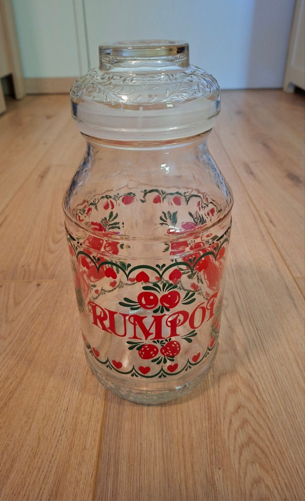 Vintage glazen rumpot met fruitmotief., Ophalen
