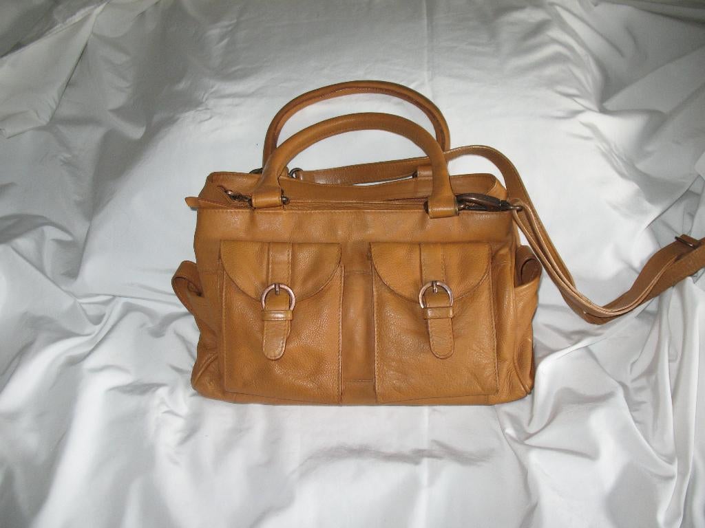 Leren Tas Donker Okergeel/Mosterd, Sieraden, Tassen en Uiterlijk, Tassen | Damestassen, Zo goed als nieuw, Handtas, Overige kleuren