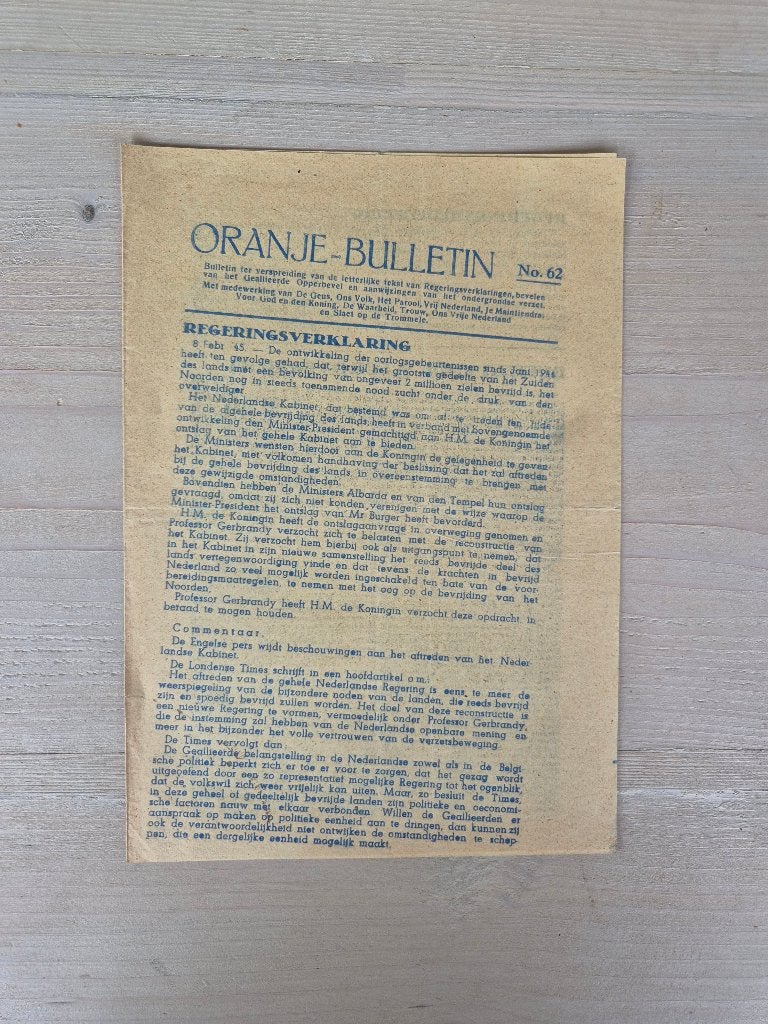 Illegale pers verzetskrant Oranje Bulletin No.62, feb 1945, Ophalen of Verzenden, Nederland