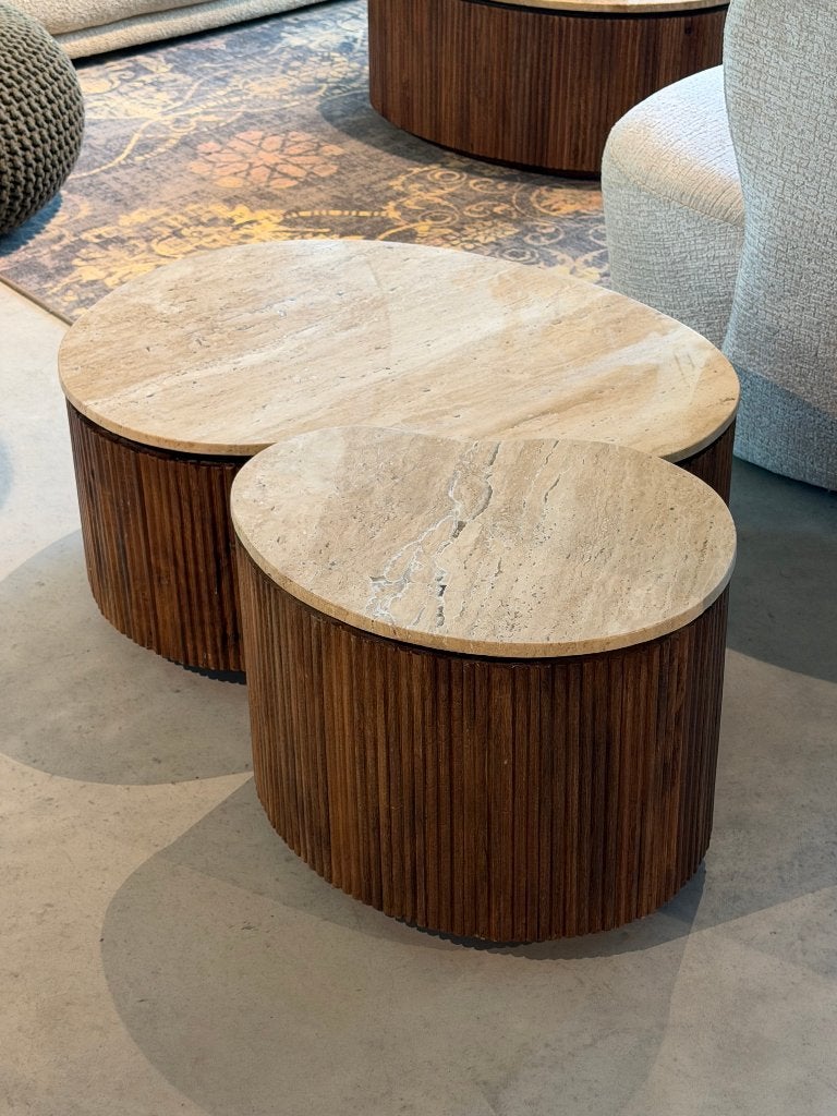 salon organisch set van 2 travertine mango Japandi, Huis en Inrichting, Tafels | Salontafels, Ophalen, Japandi, 50 tot 100 cm