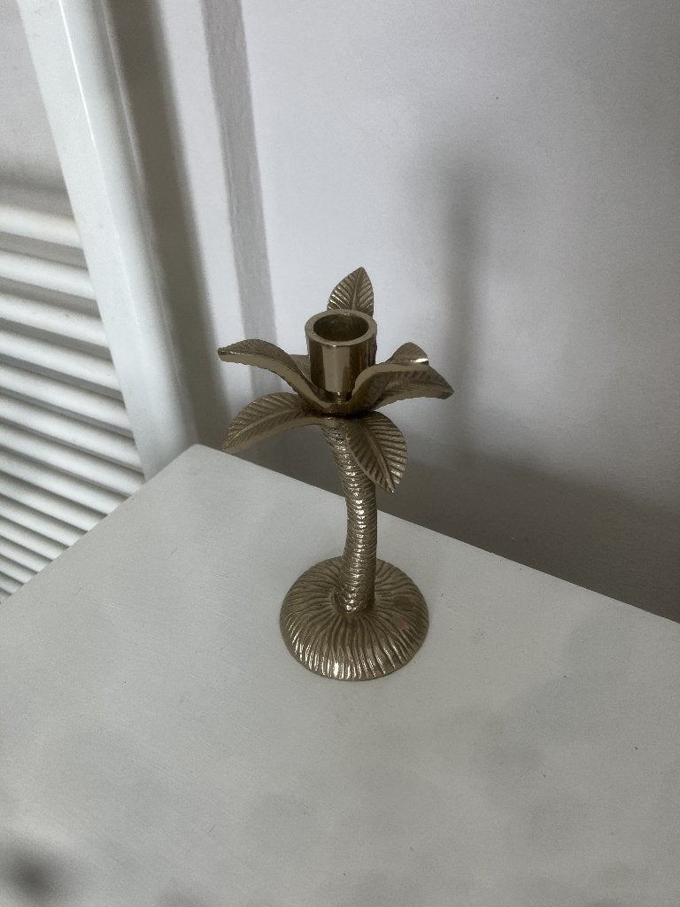 Deze Boltze gouden metalen kandelaar met  palmboomontwerp, Overige kleuren, Ophalen of Verzenden, Zo goed als nieuw, Metaal