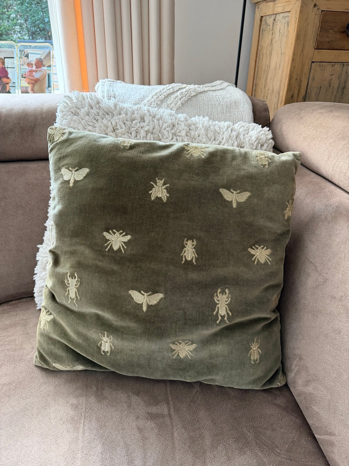 Sissy-Boy Groen Fluwelen Sierkussen met Insecten (45x45cm), Overige merken, Met print, Vierkant, Ophalen of Verzenden