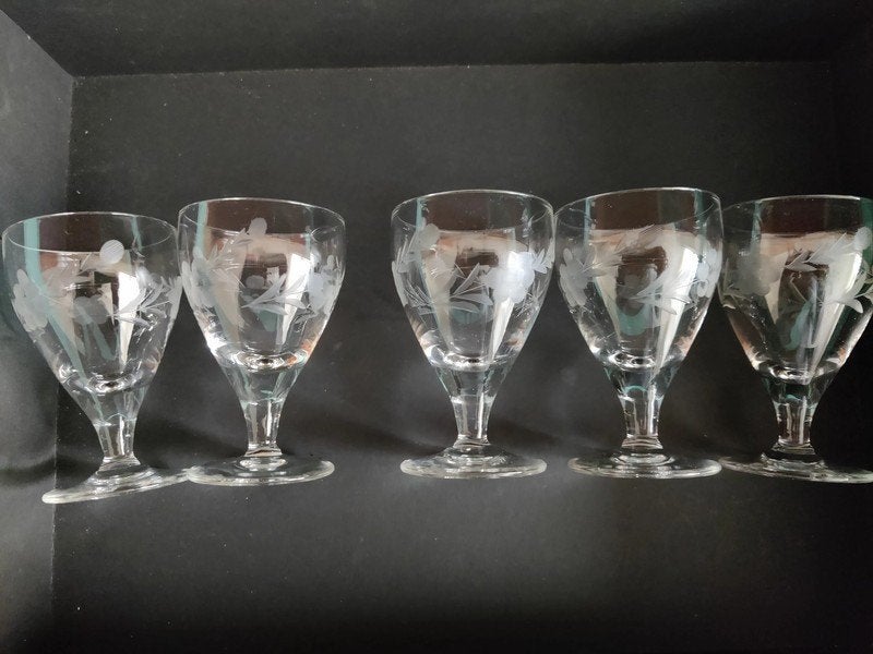 5x glaasje likeur of borrel glas jaren 70 met bloemmotief, Verzamelen, Glas en Borrelglaasjes, Ophalen of Verzenden, Zo goed als nieuw