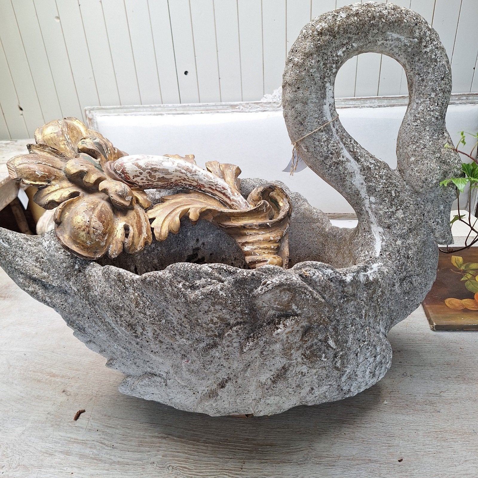 Antieke Zwaan Bloembak van Steen - Tuin Decoratie, Tuin en Terras, Bloembakken en Plantenbakken, Ophalen, Steen, Gebruikt, Balkon