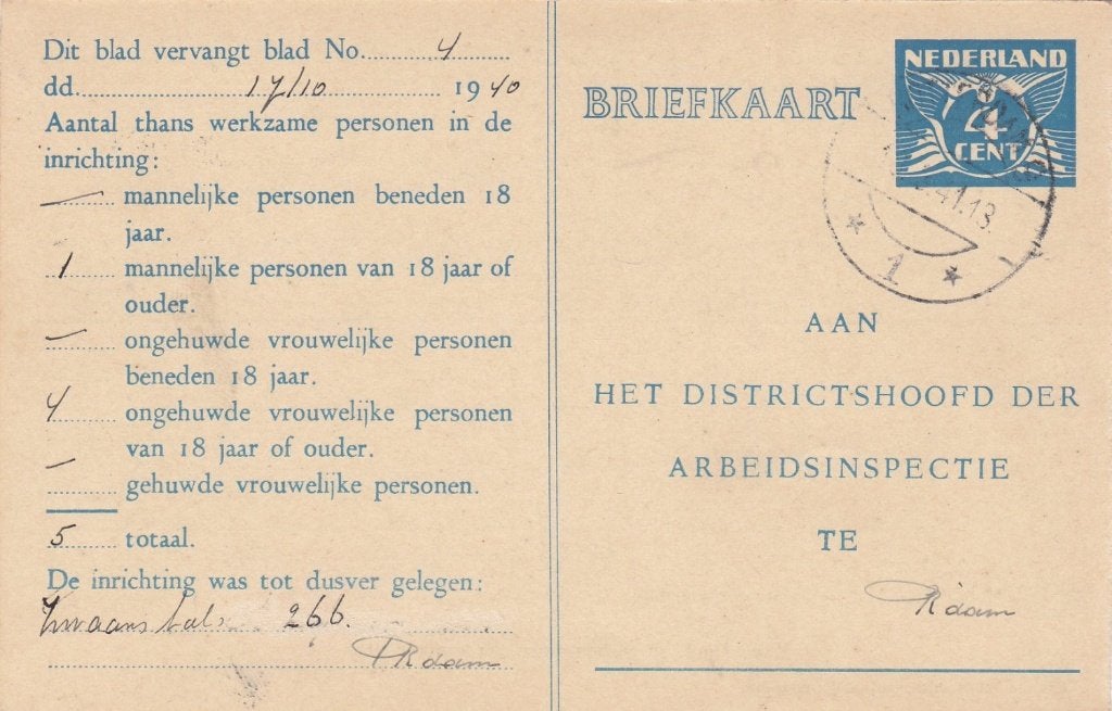 Arbeidslijst Geuzendam 18 kaart locaal gebruikt R'dam 1941, Ophalen of Verzenden, Briefkaart