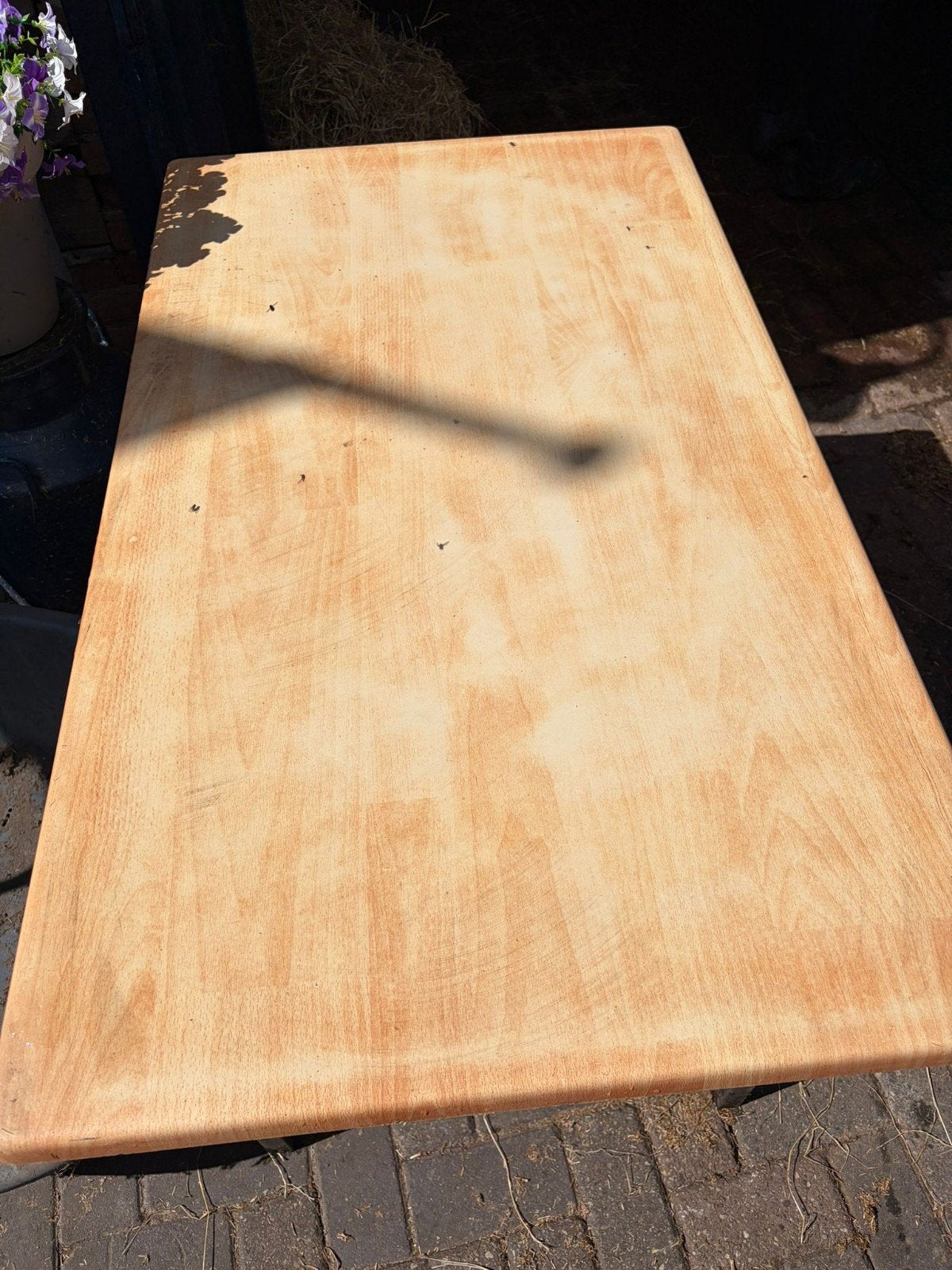 Robuuste houten tafel met metalen onderstel, Gebruikt, 100 tot 150 cm, 50 tot 100 cm, Rustiek, Industrieel
