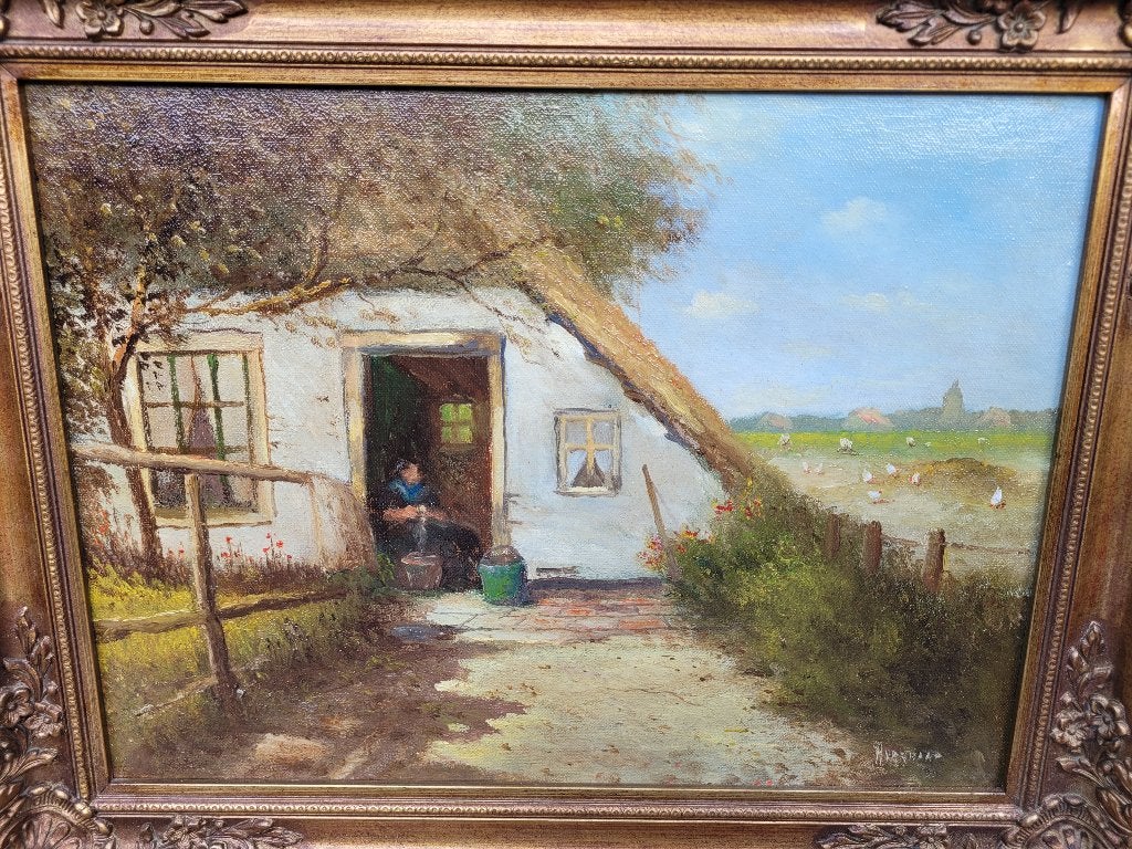 Doek 'Boerenerf met boerin' gesign. H. Verhaaf (1881-1970), Doek, Oud hollands, Ophalen of Verzenden, Olieverf