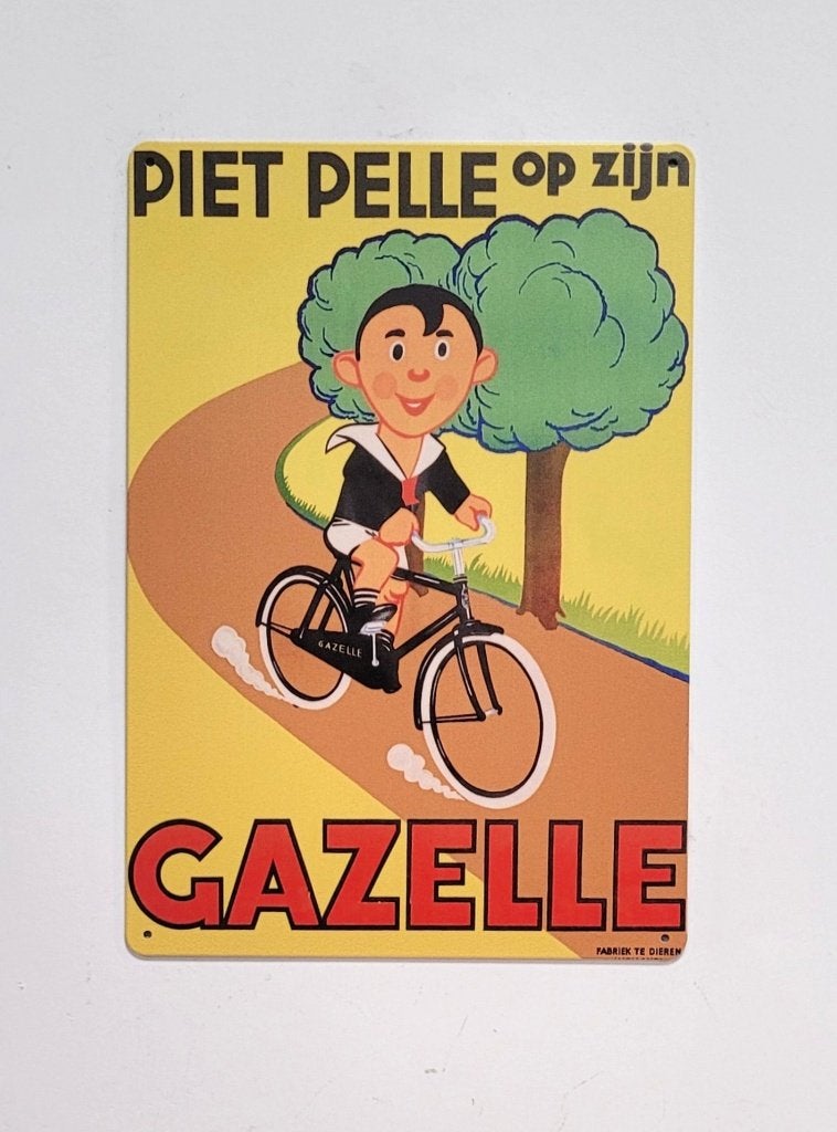 Piet Pelle op zijn Gazelle fiets reclamebord van metaal deco, Reclamebord, Info@deconoord.nl, Deco Noord, Nieuw