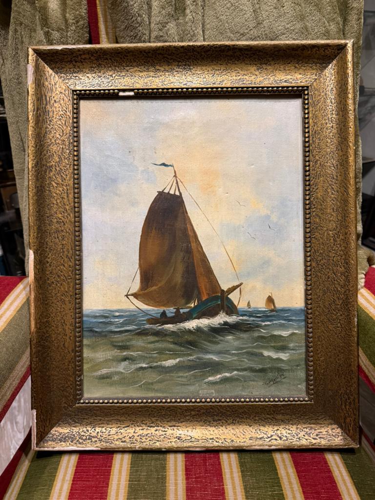 Antiek Hollands zeegezicht met vissersboot olieverf op doek, Antiek en Kunst, Kunst | Schilderijen | Klassiek, Ophalen of Verzenden