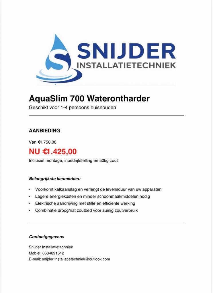 AquaSlim 700 Waterontharder incl. montage - Nieuw!, Ophalen, Nieuw, Waterontharder met zout