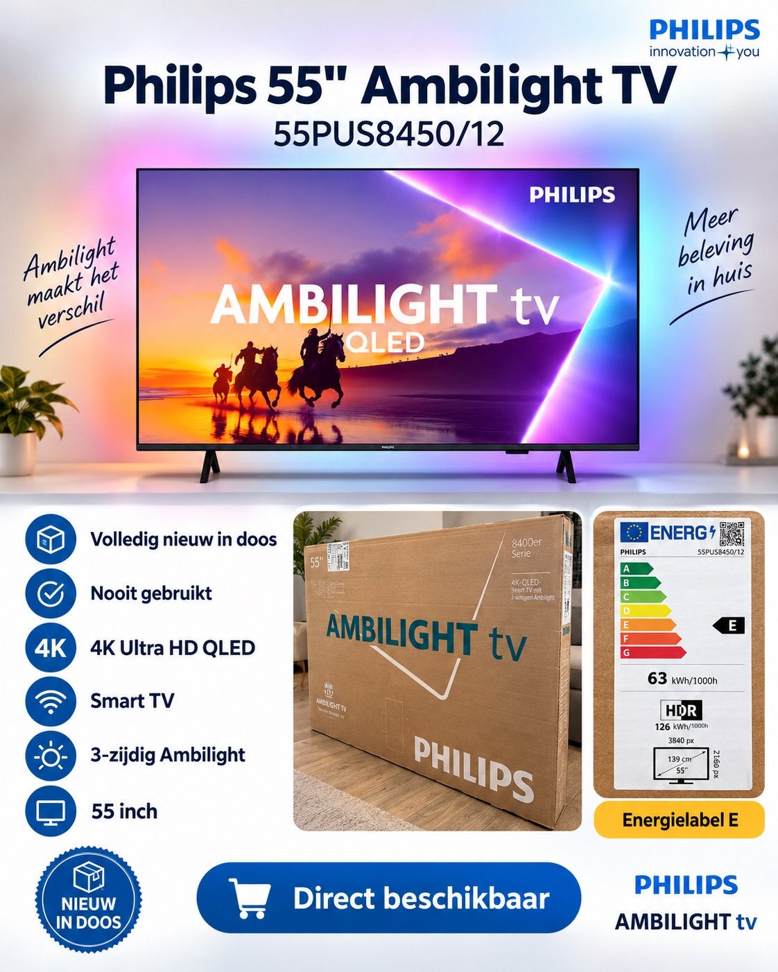 Philips 55" 4K QLED Ambilight Smart TV - NIEUW IN DOOS!, Ophalen, Philips, QLED, Nieuw