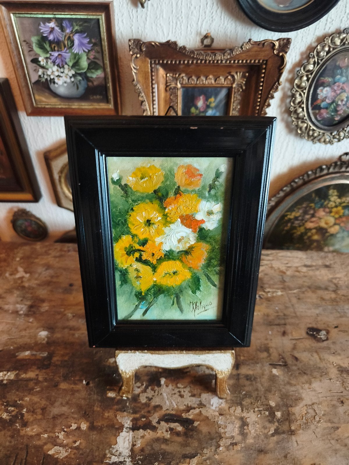 oud schilderijtje schilderij lijst stilleven bloemen M88, Antiek en Kunst, Ophalen of Verzenden