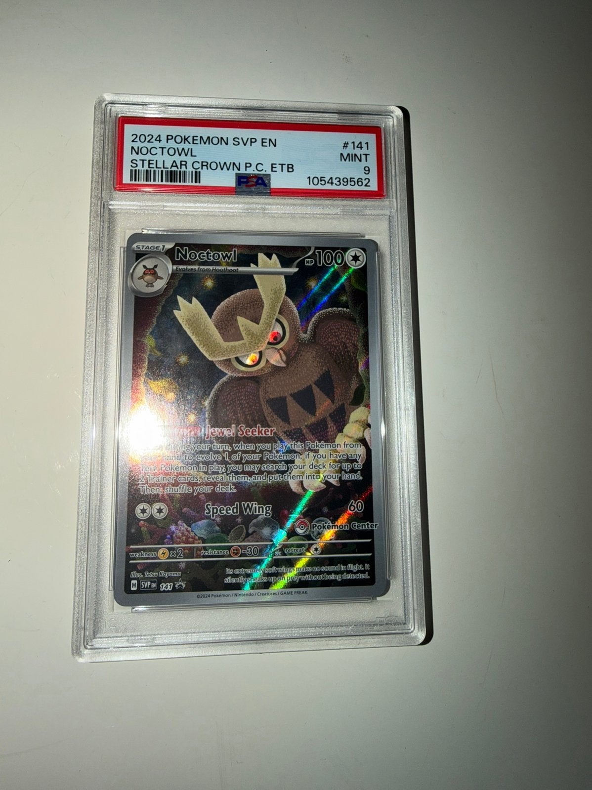 Noctowl Pokemon center stamp promo PSA 9, Ophalen of Verzenden, Nieuw, Losse kaart, Foil