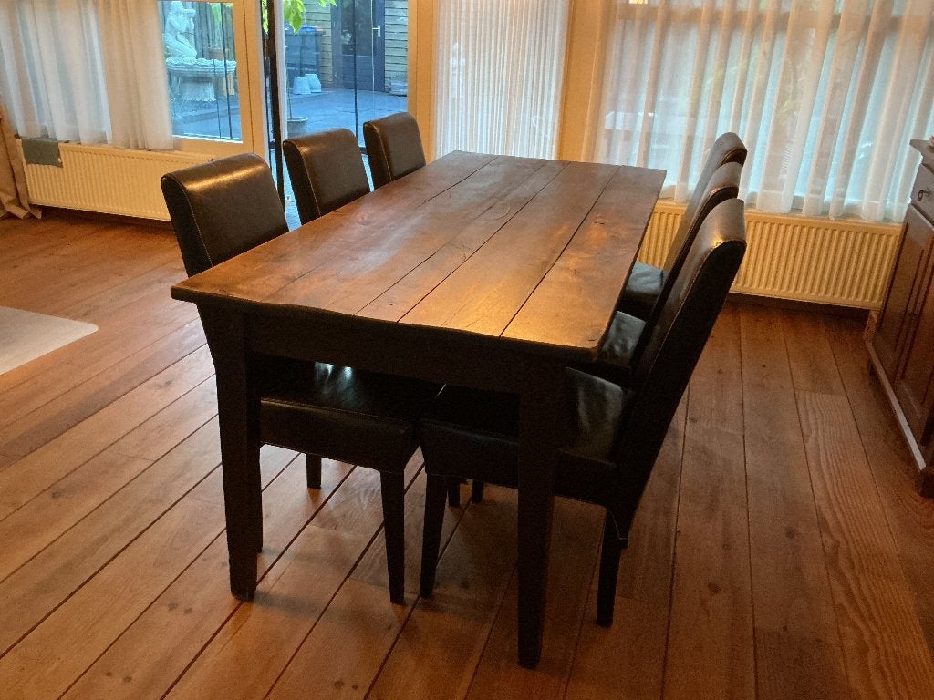 Antieke eettafel met 6 leren stoelen, Antiek en Kunst, Antiek | Meubels | Tafels, Ophalen